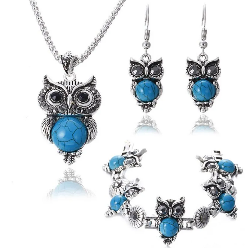 Romantic Vintage Stone Owl Necklace, Bracelet & Earrings Fashion Jewelry Set