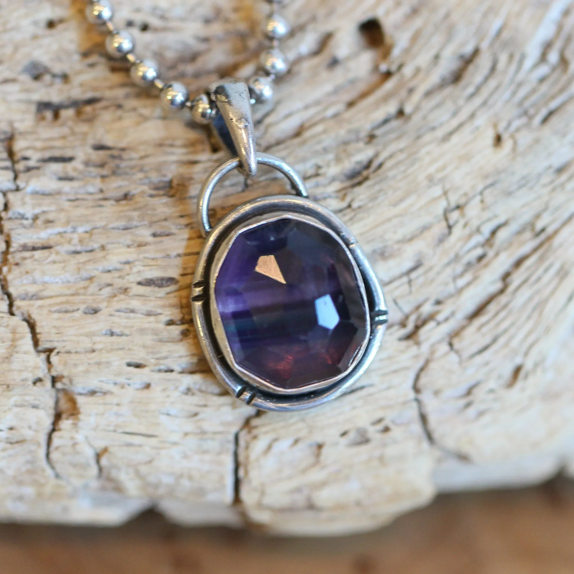 Rose Cut Rainbow Fluorite Pendant - Silversmith - Purple and Green Fluorite Pendant