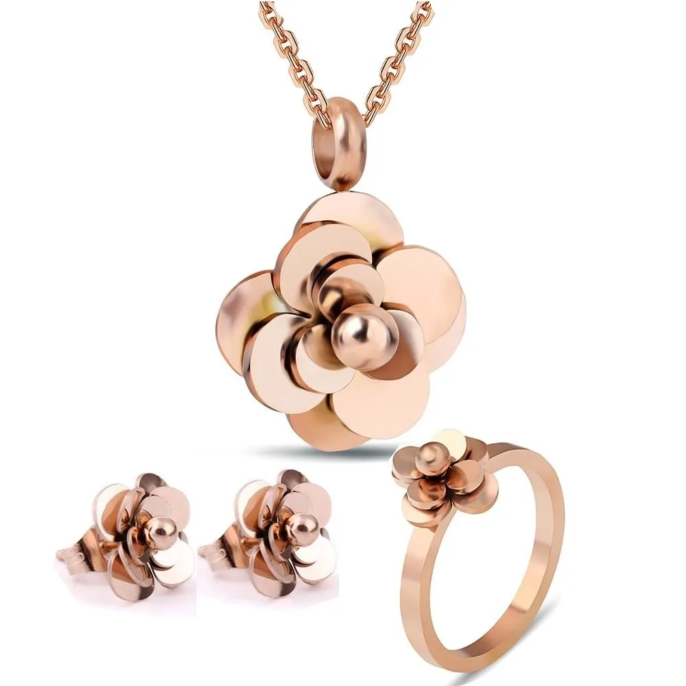 Rose-Gold-Plated Flower Stainless Steel Necklace, Earrings & Ring Fashion Jewelry Set