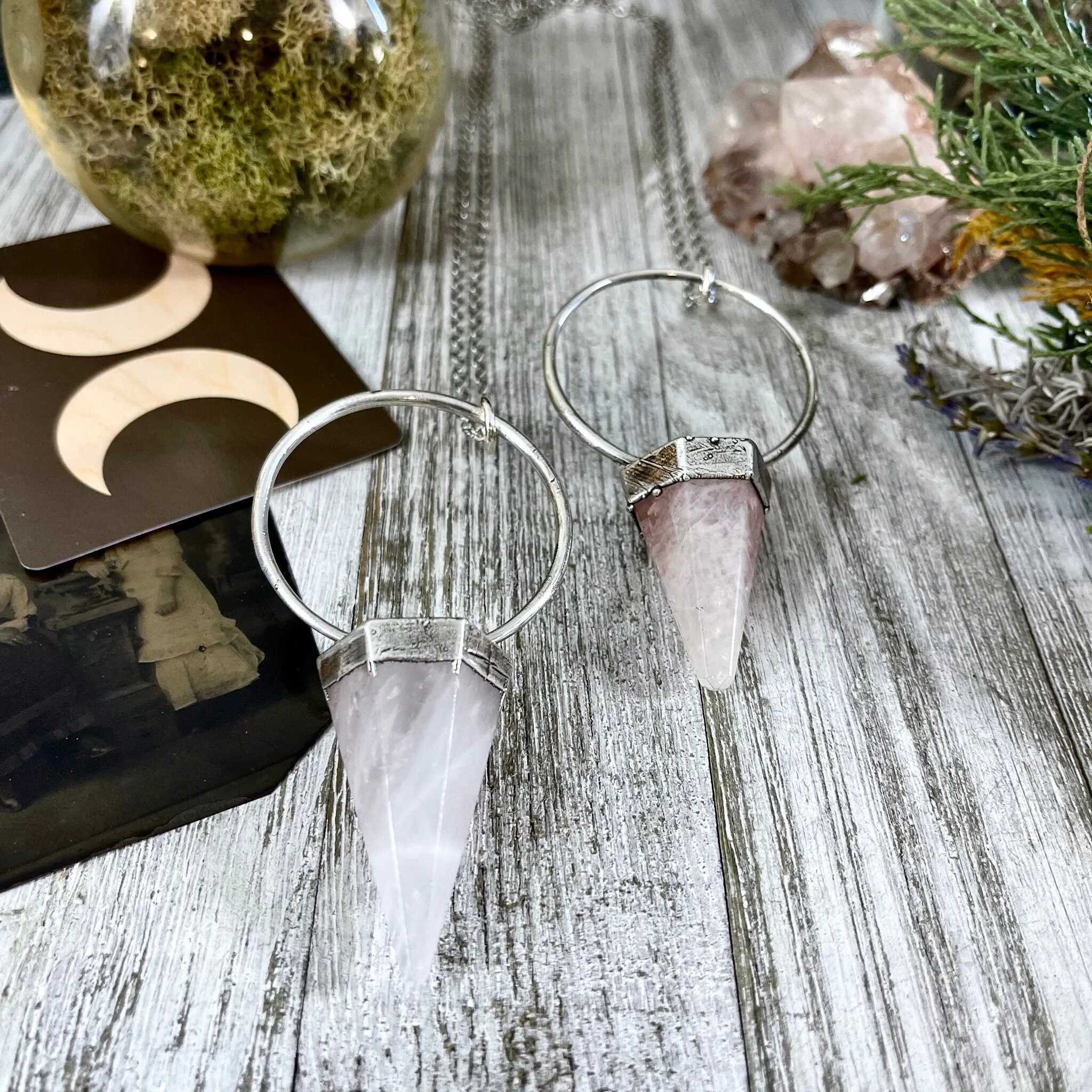 Rose Quartz Crystal Pendulum Necklace Pendant in Fine Silver  / Foxlark Collection