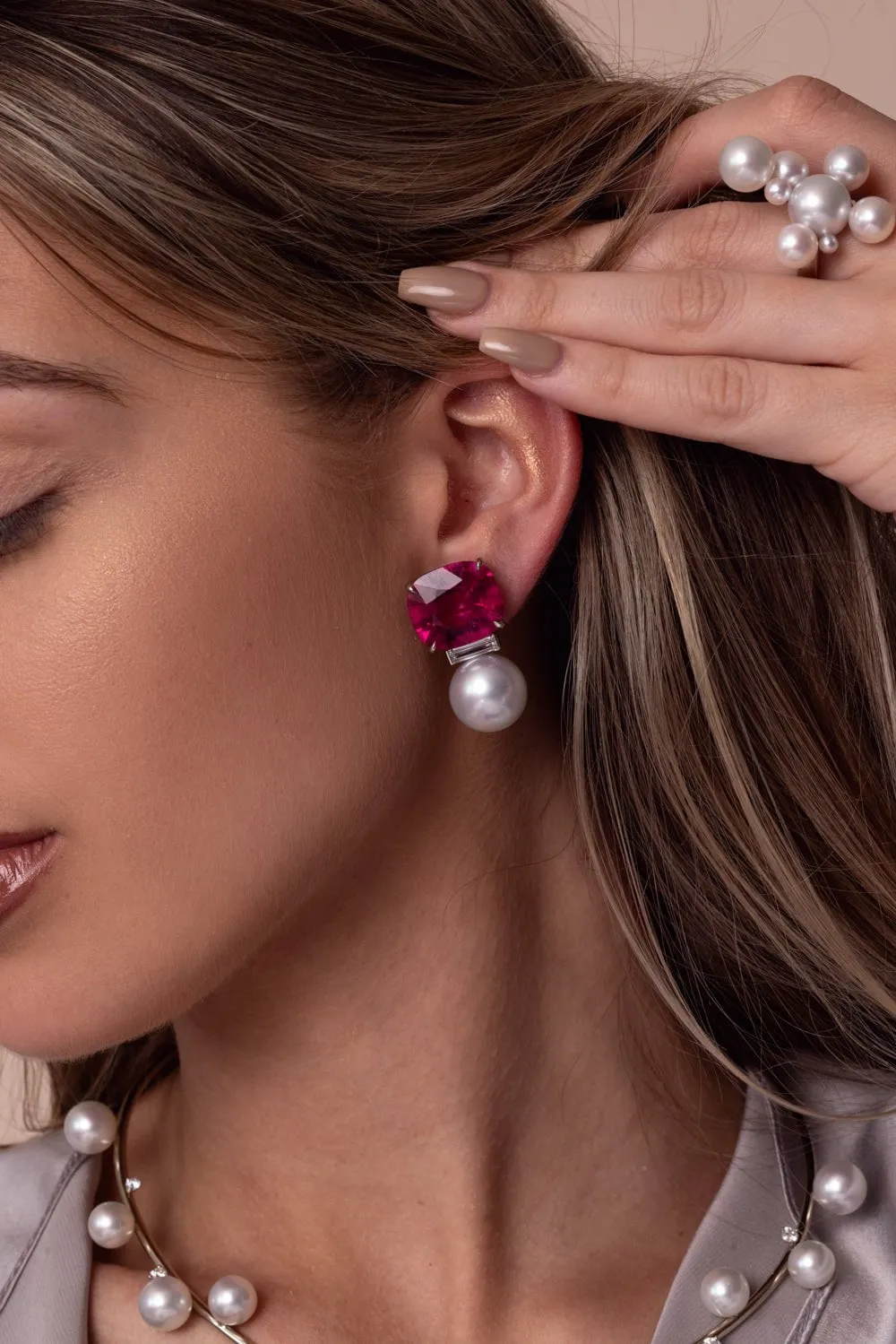 Rubellite Pearl Earrings