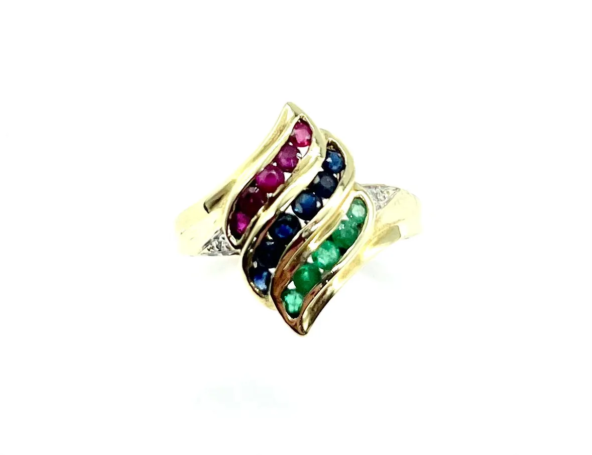 Ruby, Sapphire,Emerald, and Diamond Swirl Ring