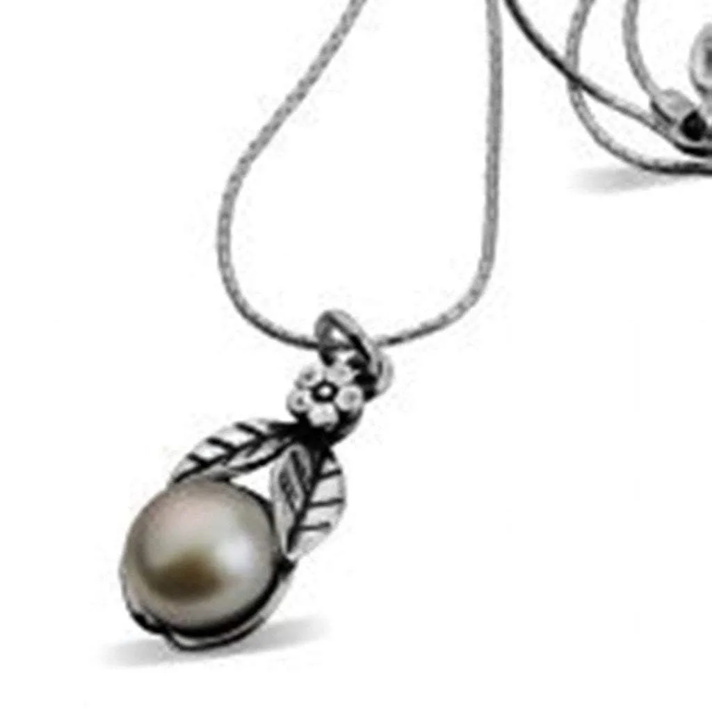 Silver Necklace , pearl  pendant  floral design