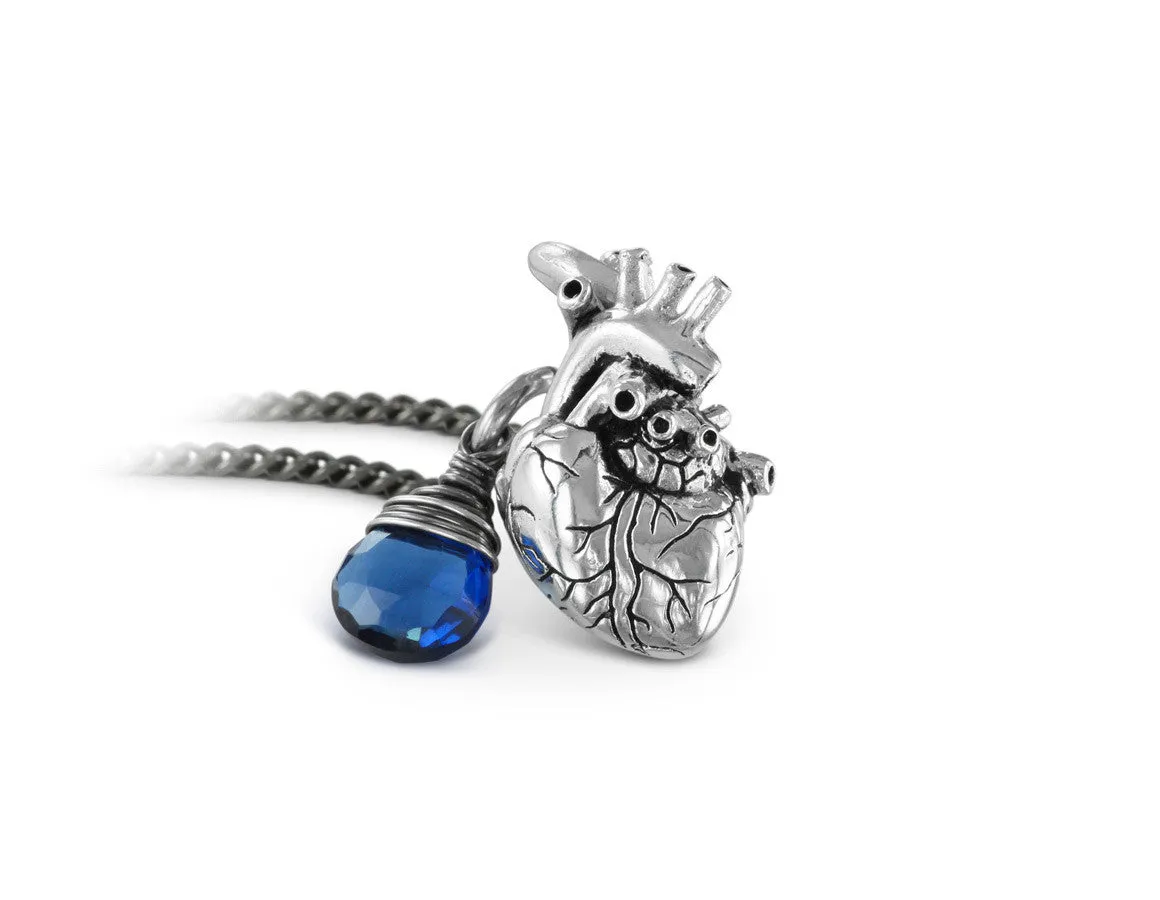 Small Anatomical Heart Necklace with Sapphire - Silver