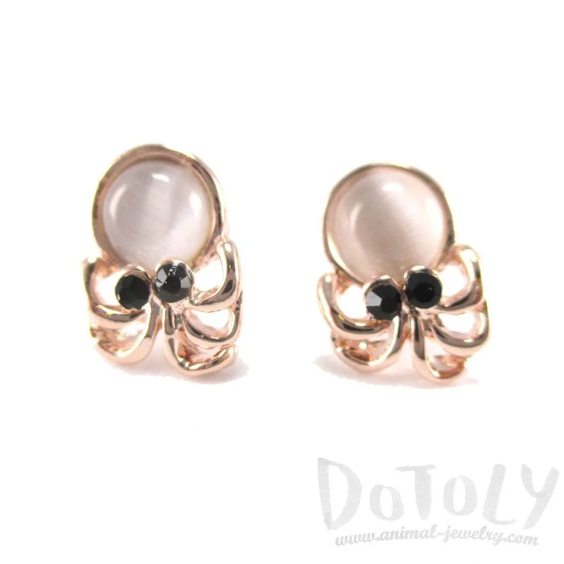 Small Octopus Squid Shaped Stud Earrings in Rose Gold with Pearl Detail