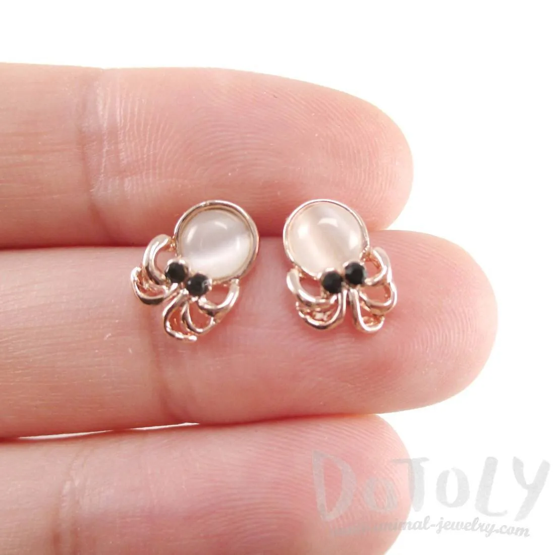 Small Octopus Squid Shaped Stud Earrings in Rose Gold with Pearl Detail