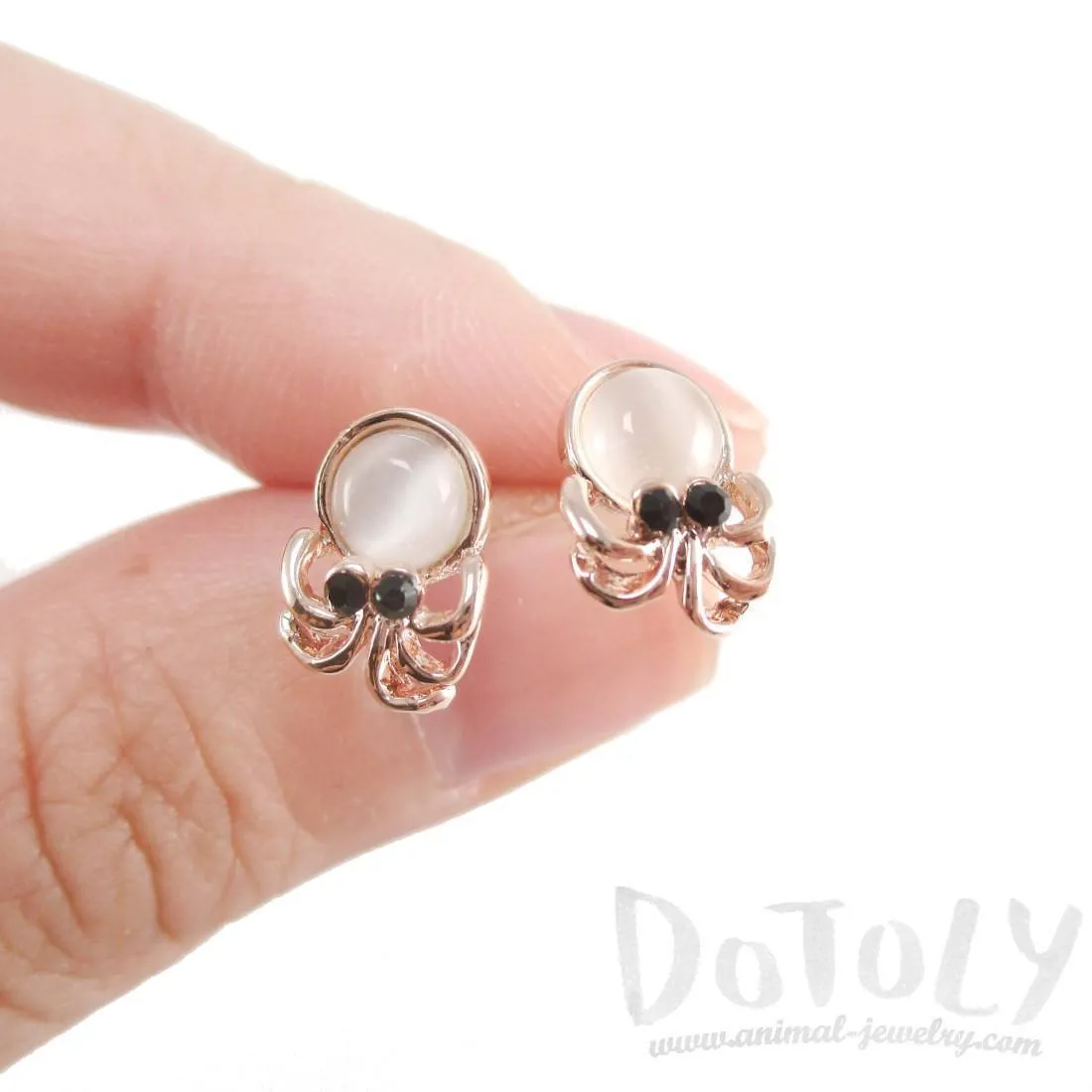 Small Octopus Squid Shaped Stud Earrings in Rose Gold with Pearl Detail