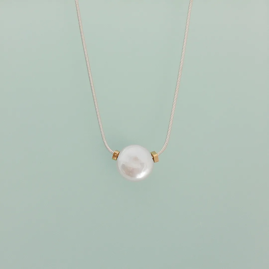 Solitaire Coin Pearl Necklace with MLD 14K Yellow Gold Beads on Sterling Silver Snake Chain