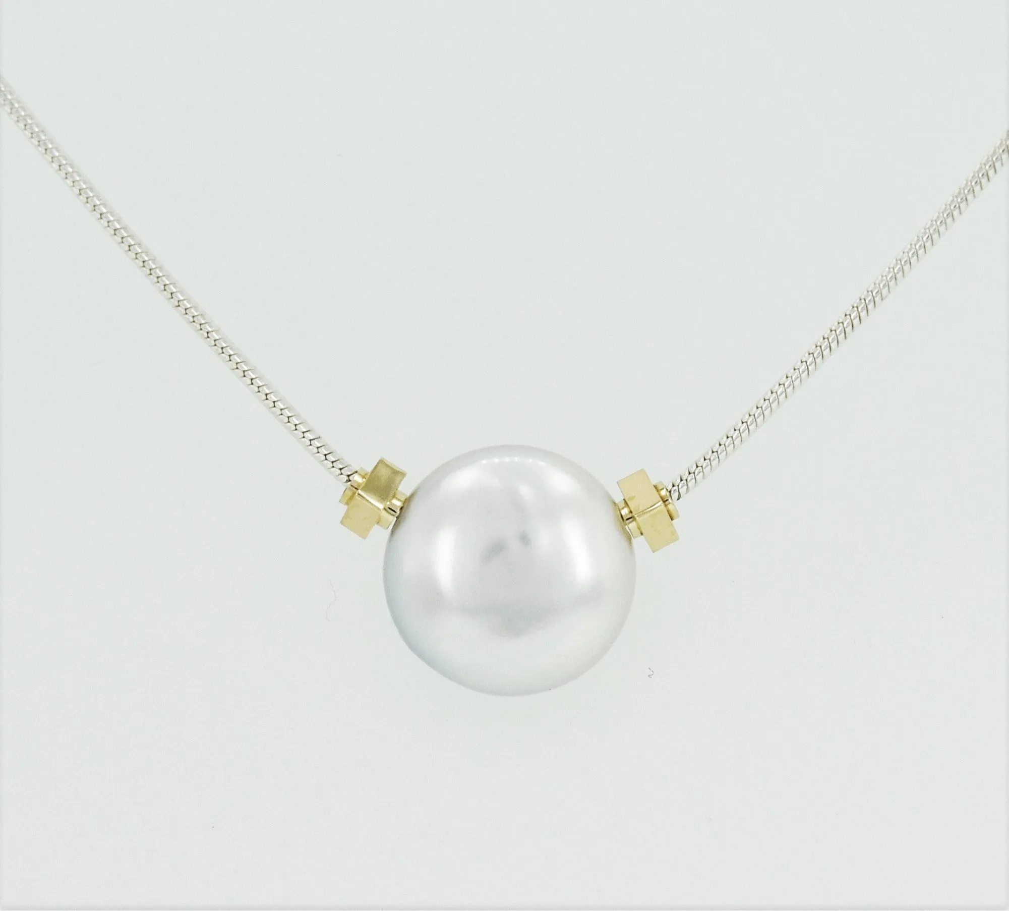 Solitaire Coin Pearl Necklace with MLD 14K Yellow Gold Beads on Sterling Silver Snake Chain