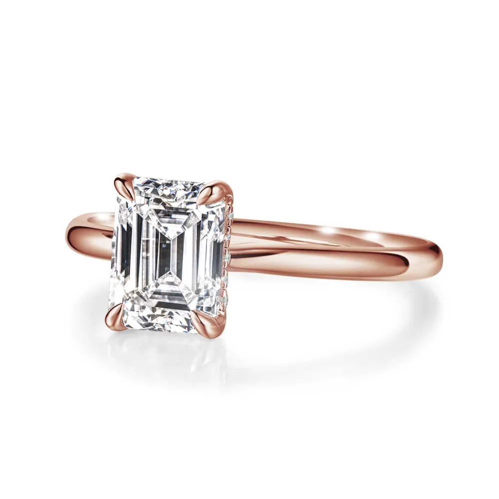 Solitaire Emerald Cut Engagement Ring With Hidden Halo