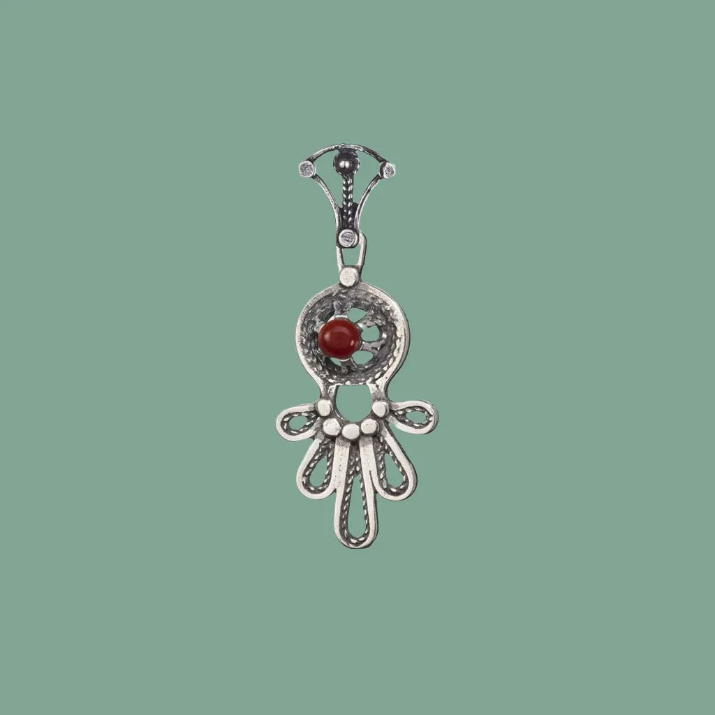 Sterling Silver Chain and Pendant Necklace Israeli Hamsa jewelry designer filigree opal /cornelian/ garnet / amethyst / lapis