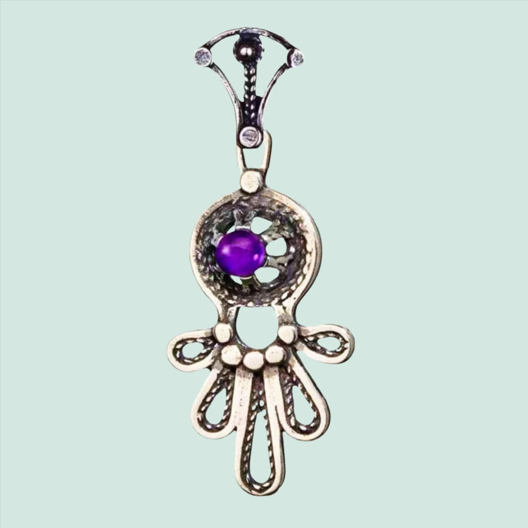 Sterling Silver Chain and Pendant Necklace Israeli Hamsa jewelry designer filigree opal /cornelian/ garnet / amethyst / lapis