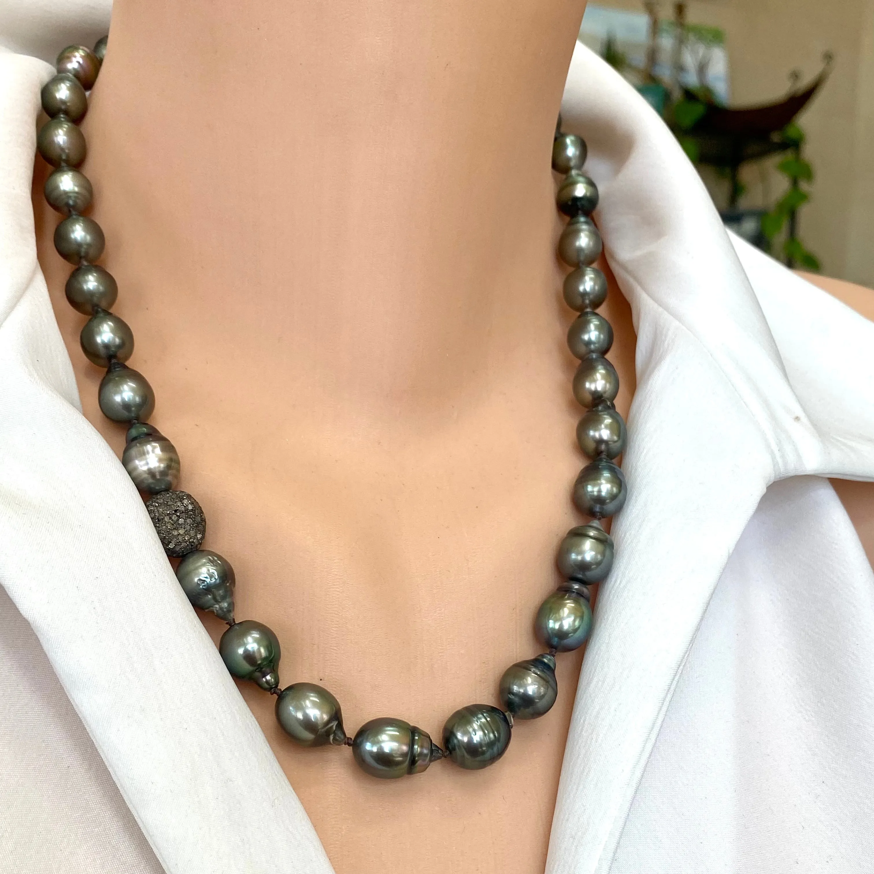 Tahitian Baroque Pearl Necklace Enhanced with Champagne Diamonds Pave Oxidized Silver Details, 16inches