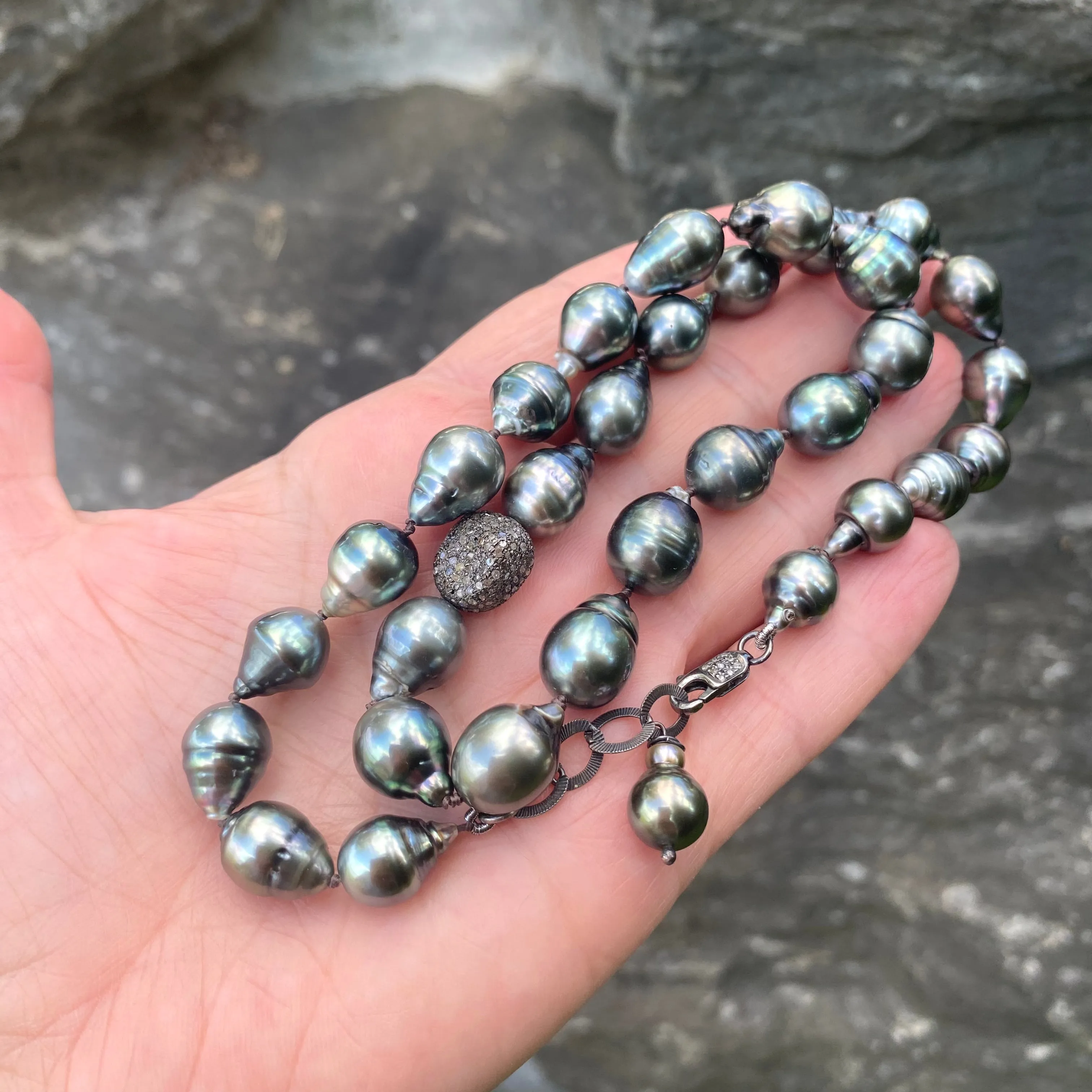 Tahitian Baroque Pearl Necklace Enhanced with Champagne Diamonds Pave Oxidized Silver Details, 16inches