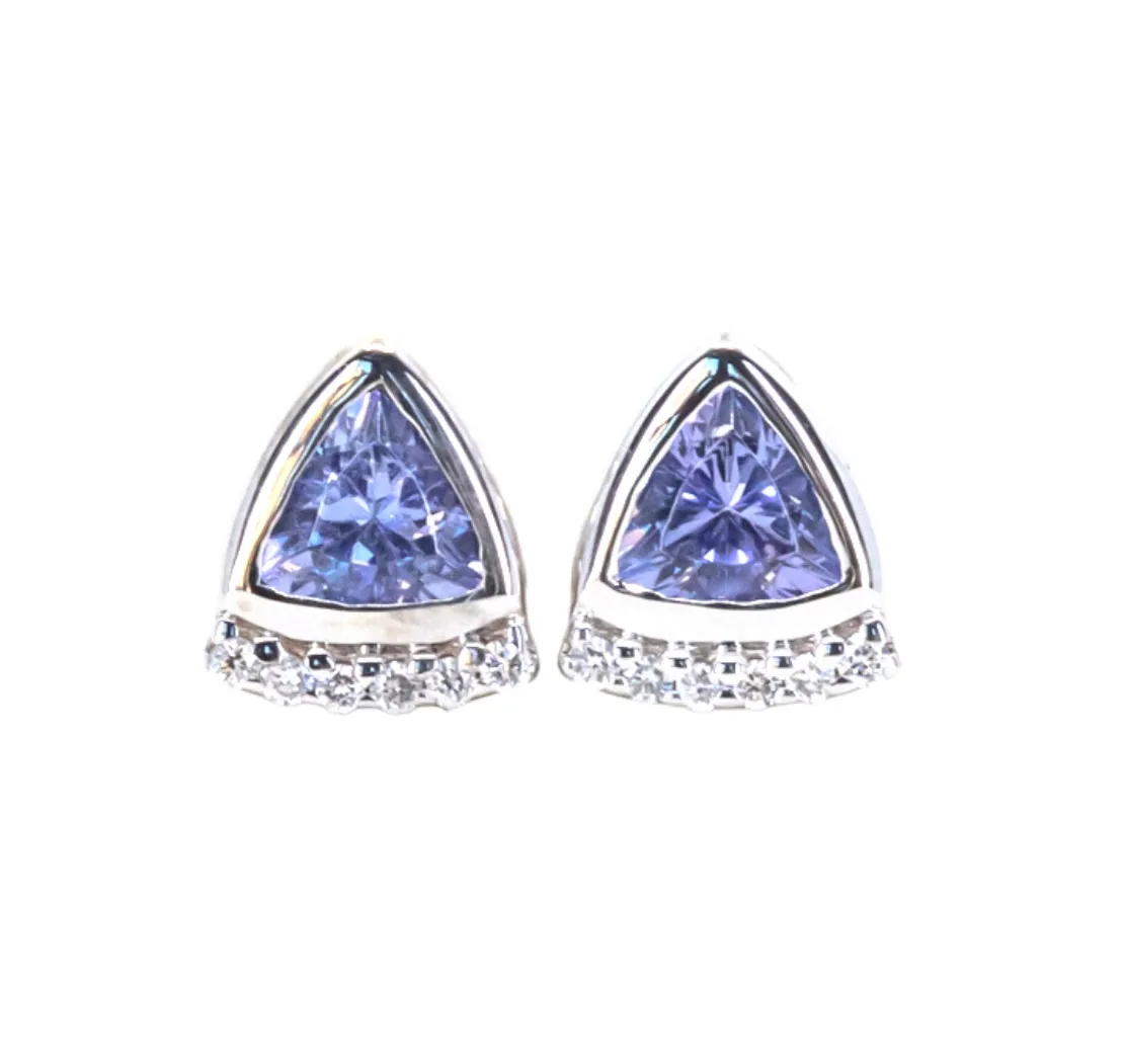 Tanzanite and Diamond Fan stud earrings in 14k Yellow and White Gold