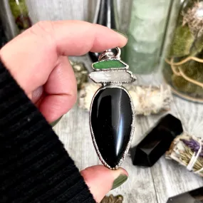 Three Stone Sea Glass Clear Quartz Black Banded Agate Necklace in Fine Silver / Foxlark Collection - One of a Kind Jewelry /