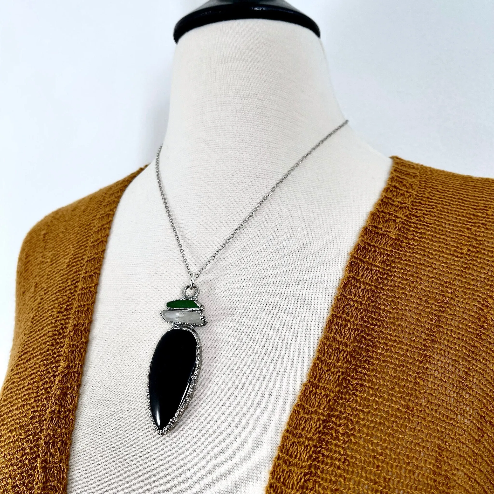 Three Stone Sea Glass Clear Quartz Black Banded Agate Necklace in Fine Silver / Foxlark Collection - One of a Kind Jewelry /