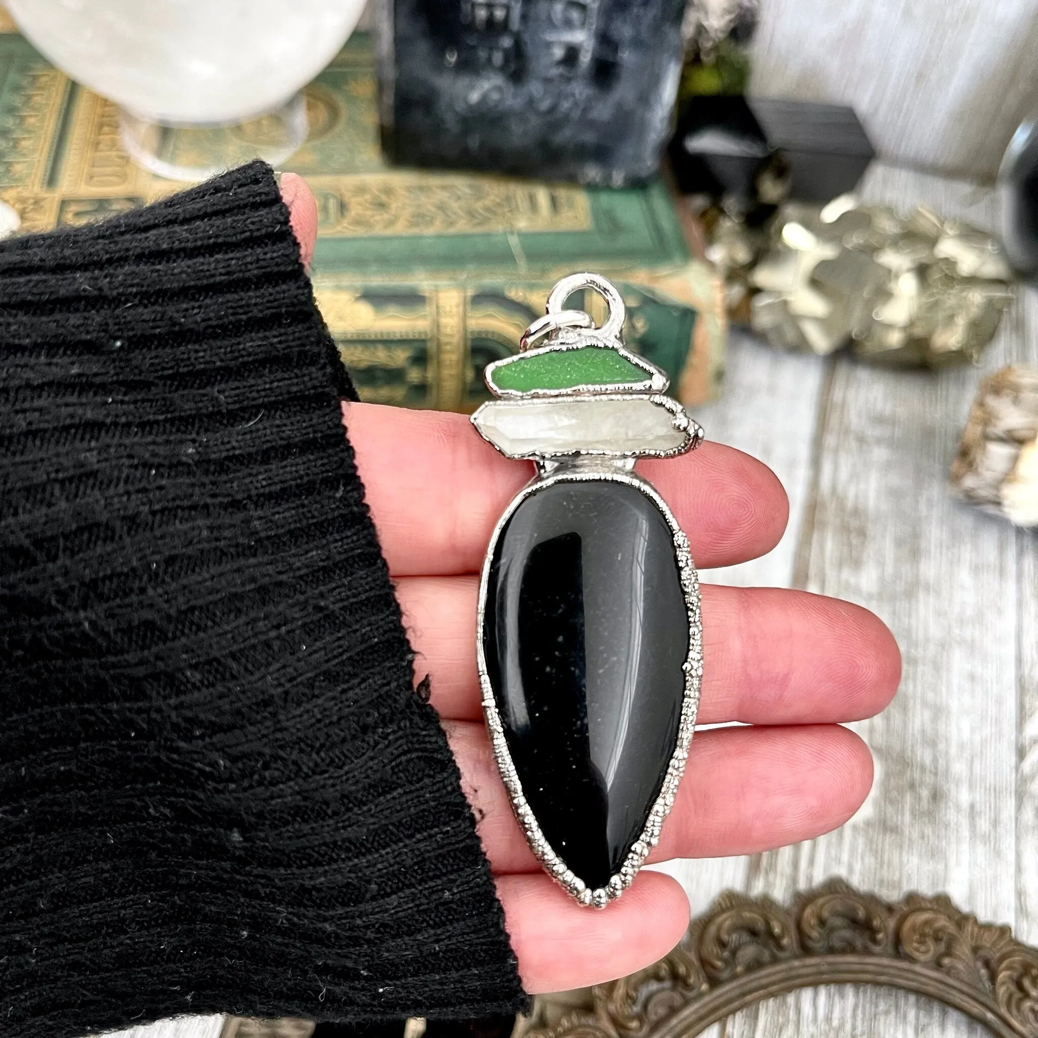 Three Stone Sea Glass Clear Quartz Black Banded Agate Necklace in Fine Silver / Foxlark Collection - One of a Kind Jewelry /