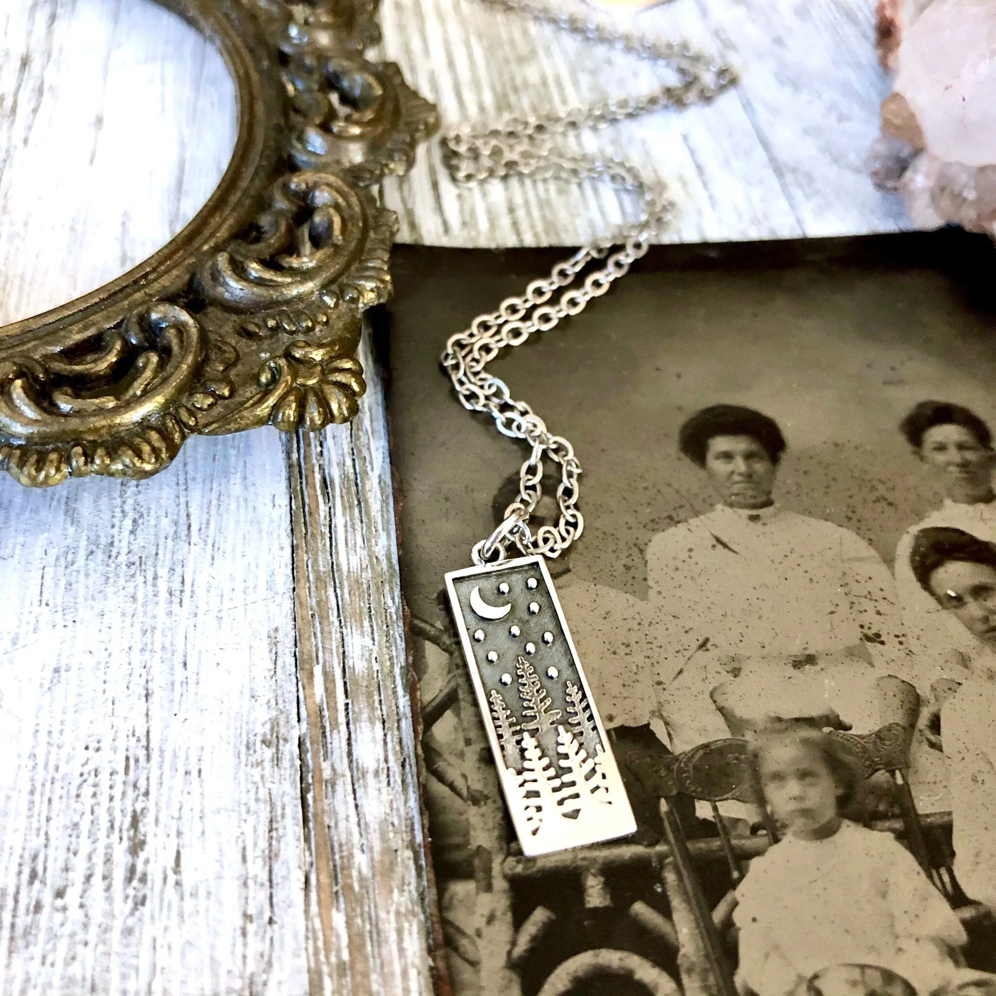 Tiny Talisman Collection - Sterling Silver Rectangle Pine Tree with Moon Necklace Pendant 23x8mm /