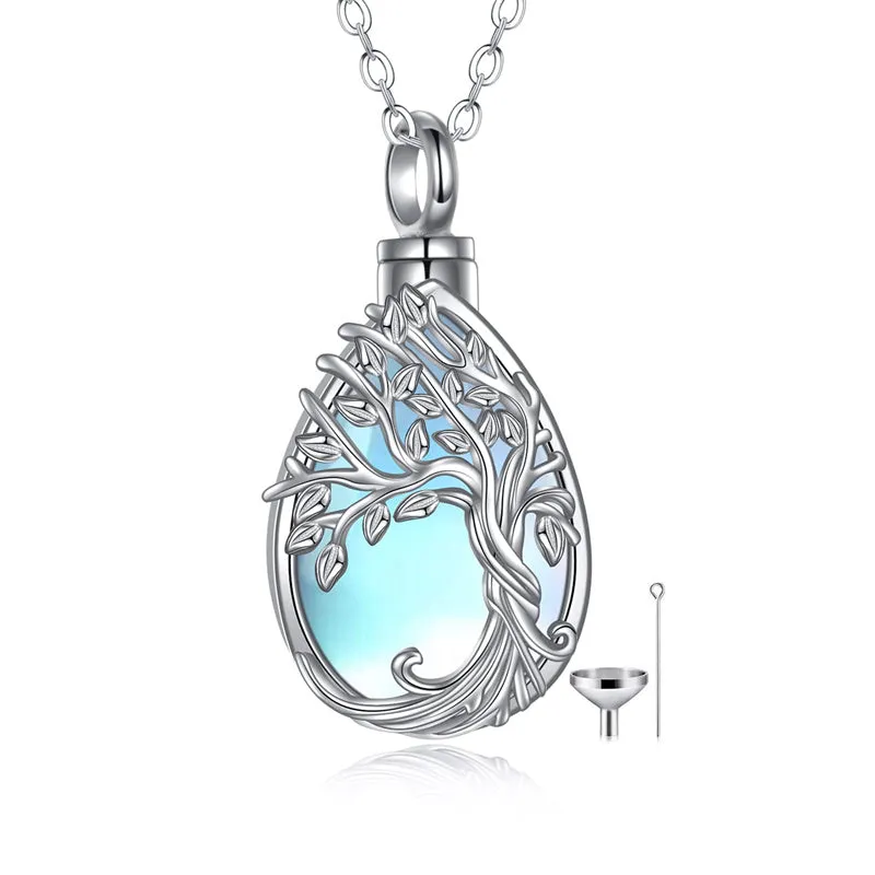 Tree of Life/Hummingbird Urn Necklace Moonstone Necklace for Ashes 925 Sterling Silver Cremation Jewelry for Women