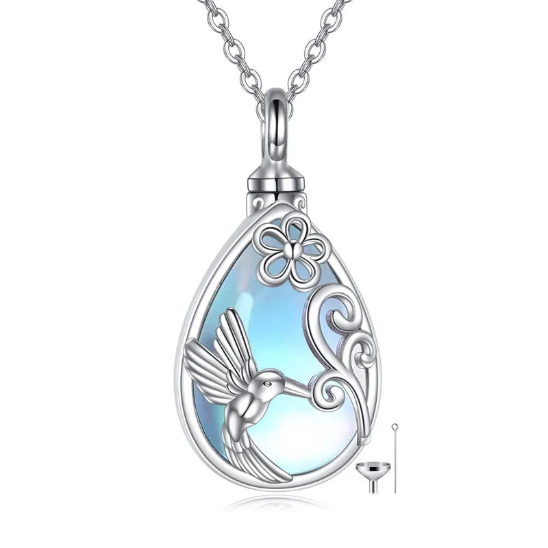 Tree of Life/Hummingbird Urn Necklace Moonstone Necklace for Ashes 925 Sterling Silver Cremation Jewelry for Women