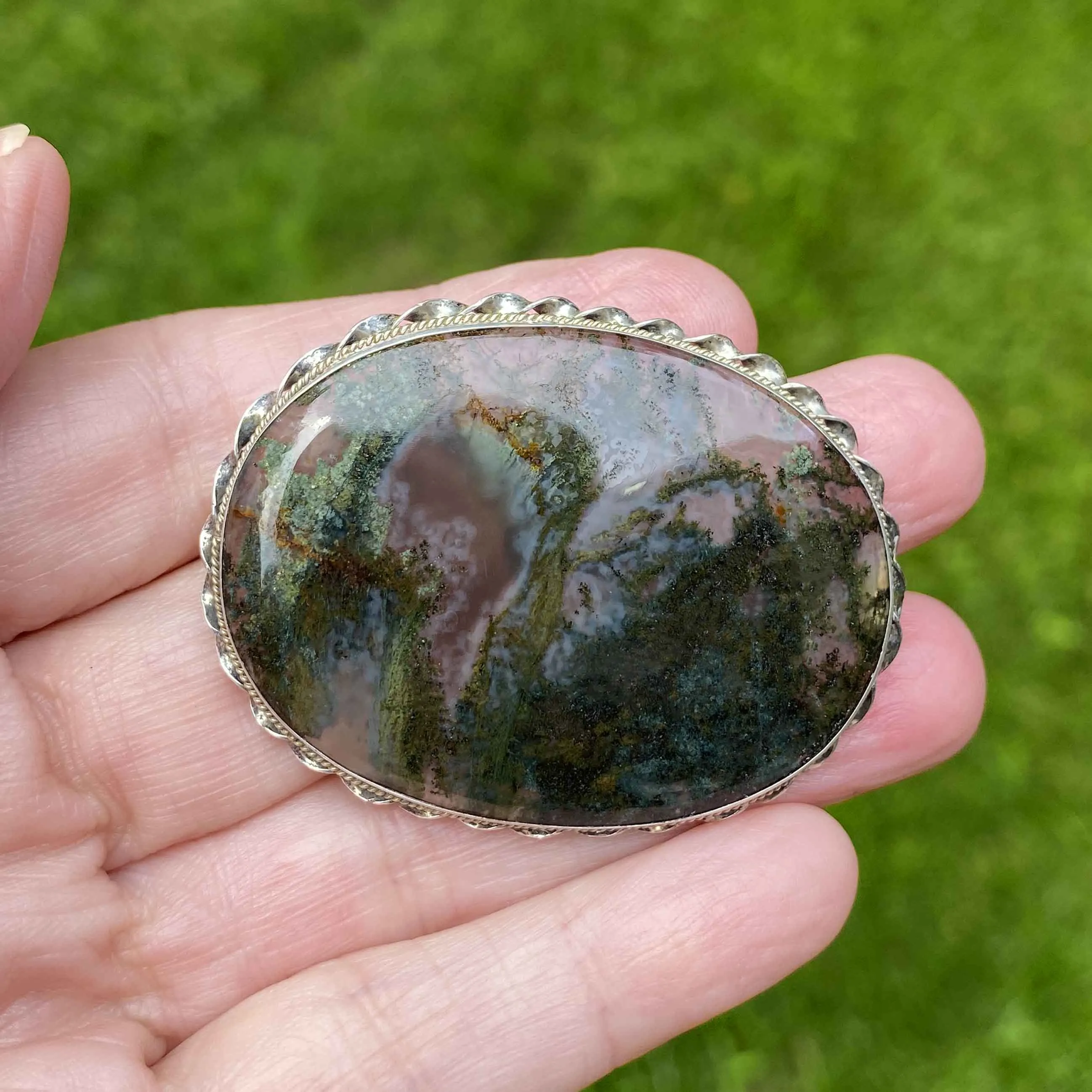 Victorian Silver Large Dendritic Moss Agate Brooch