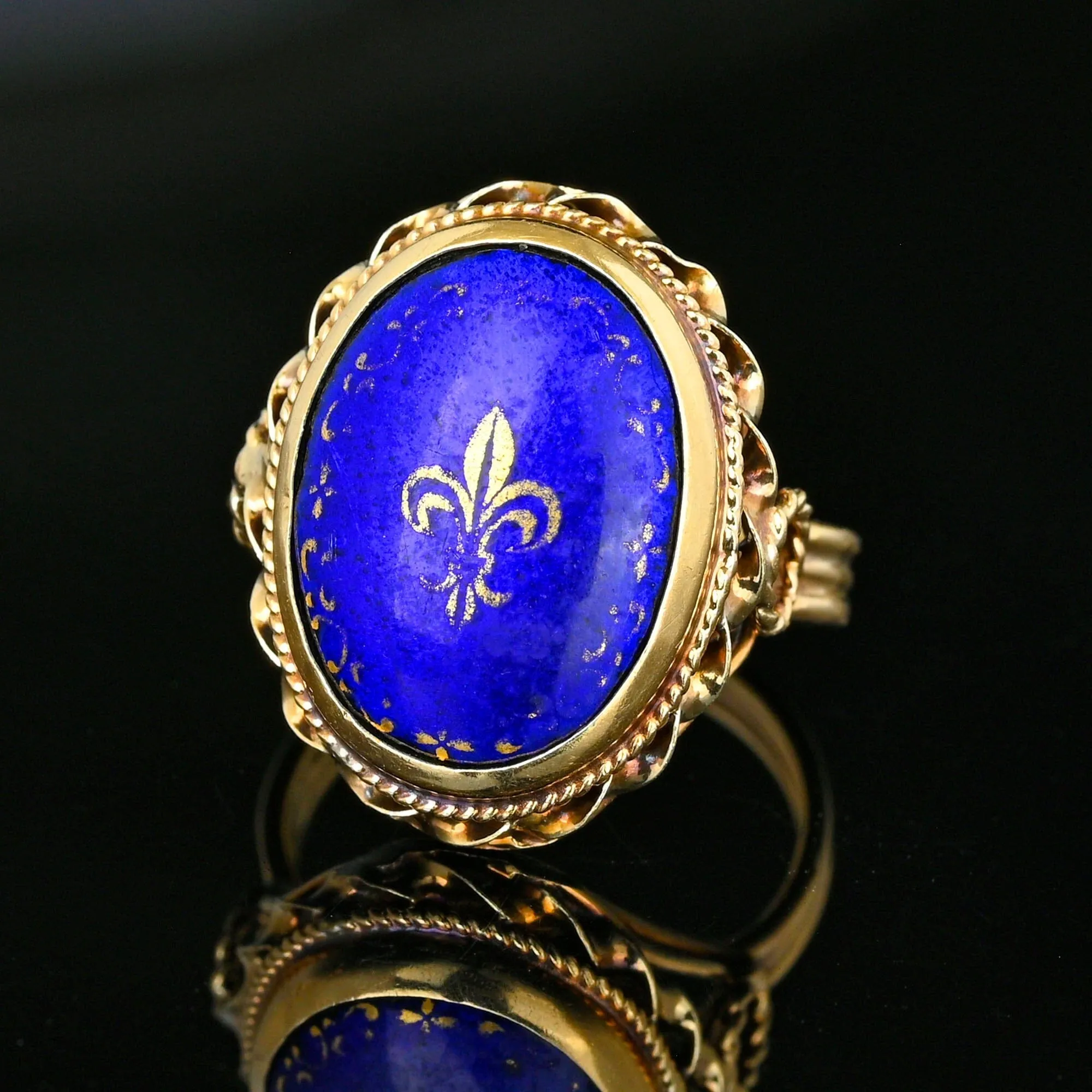 Vintage 14K Gold Cobalt Blue Enamel Fleur De Lis Ring