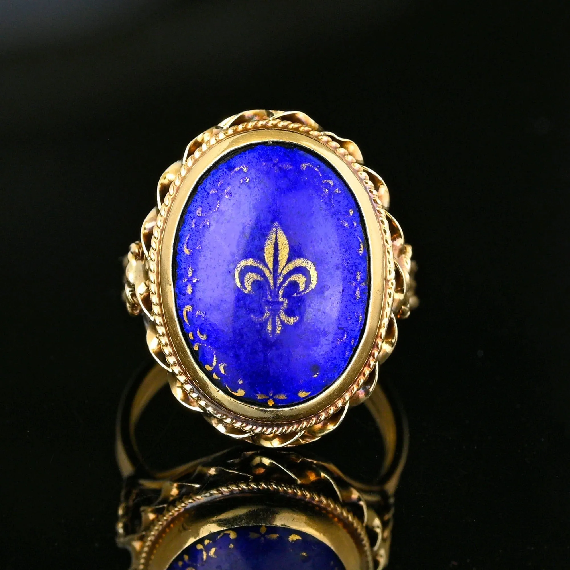 Vintage 14K Gold Cobalt Blue Enamel Fleur De Lis Ring