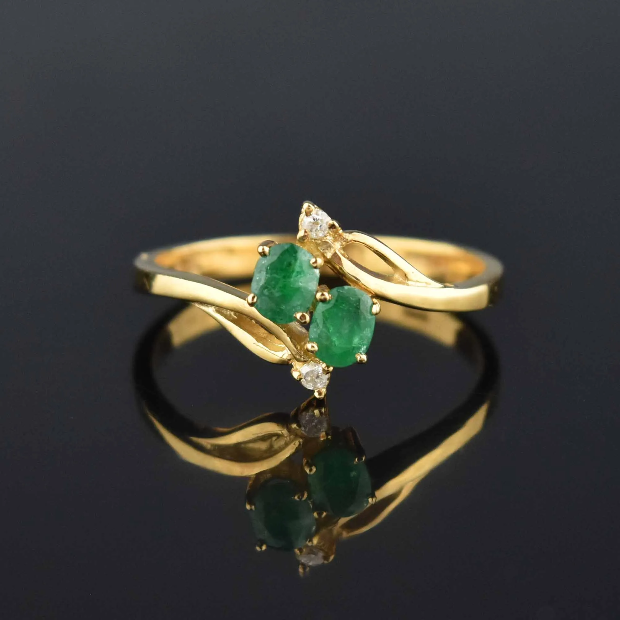 Vintage 14K Gold Emerald Diamond Bypass Ring, Sz 6.25