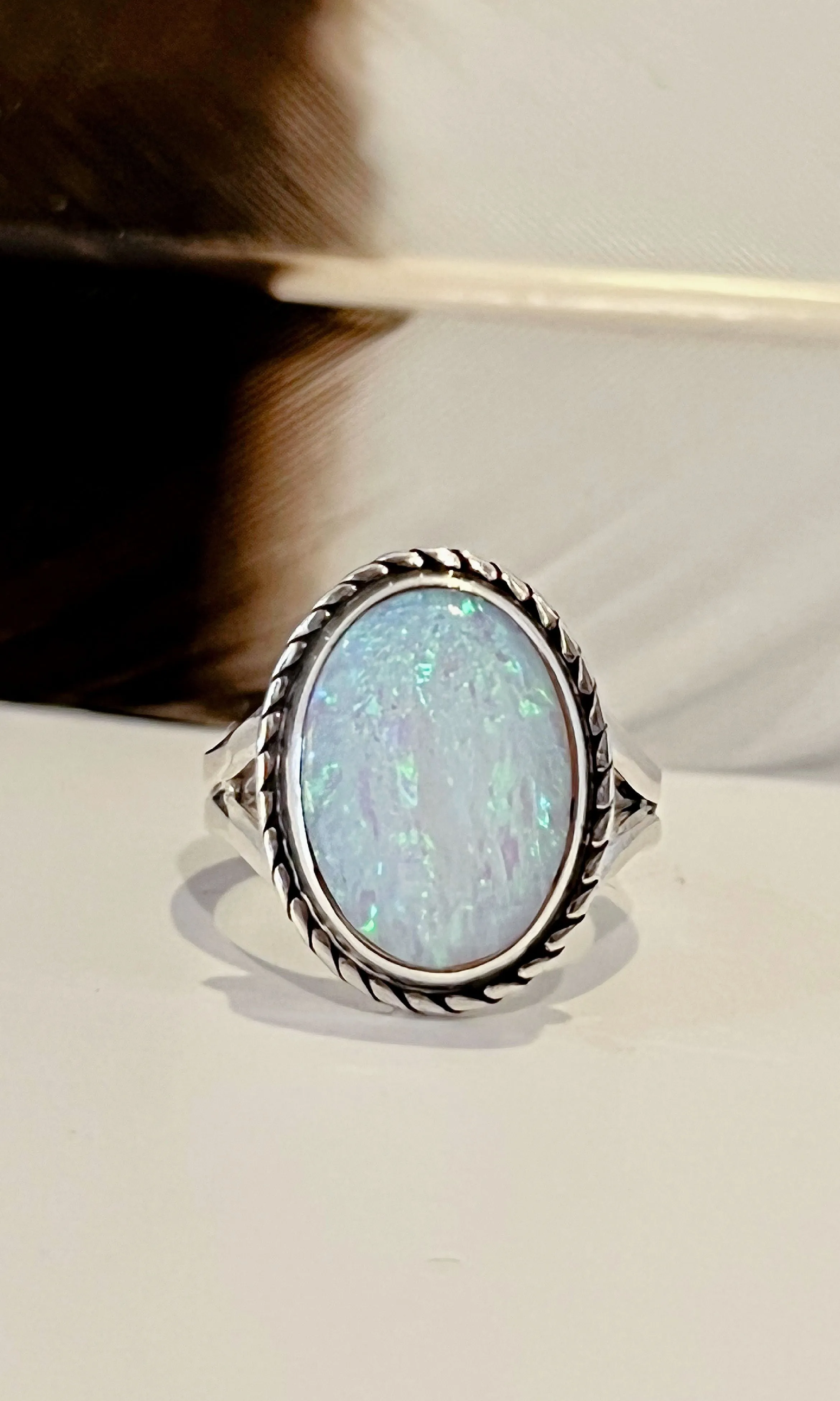 WHAT A GEM Sterling Silver and Lab Opal Ring  Size 5 1/2