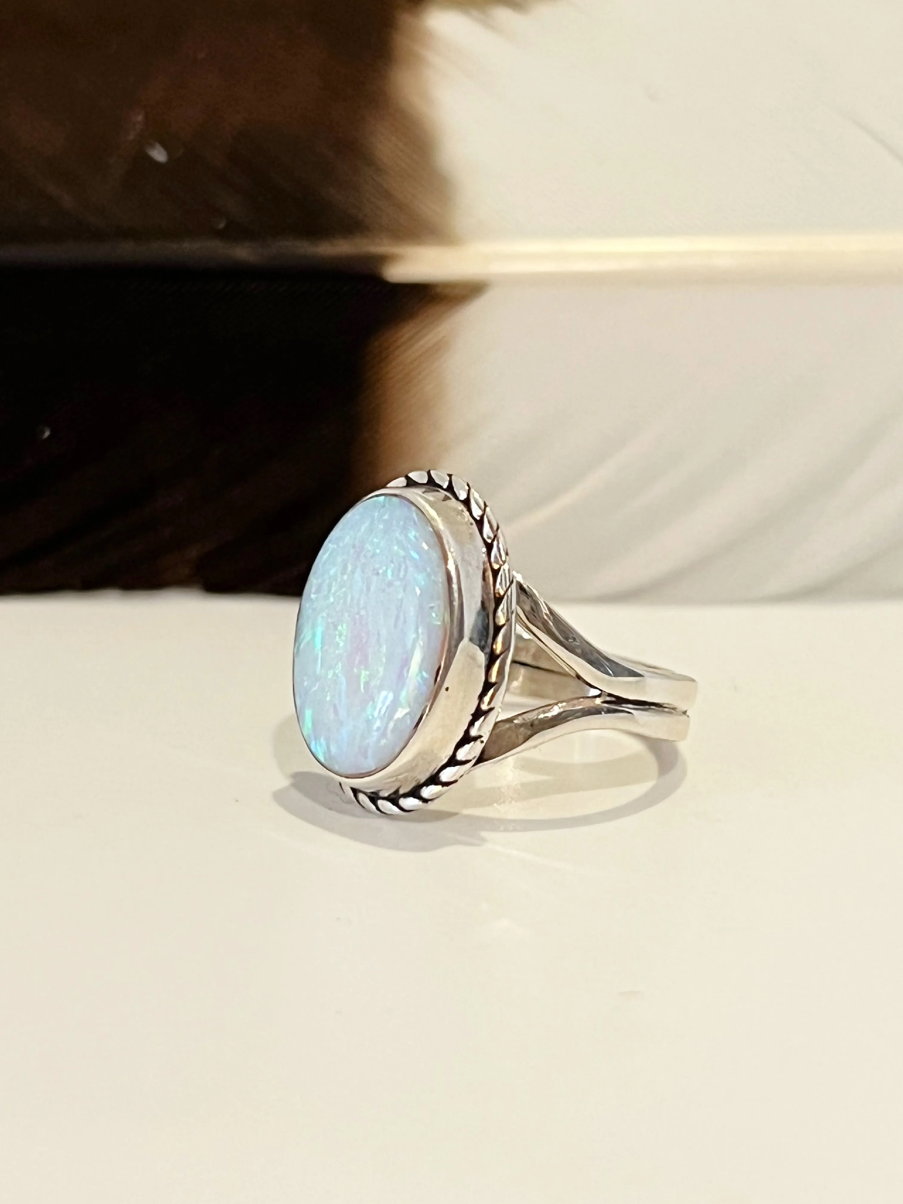 WHAT A GEM Sterling Silver and Lab Opal Ring  Size 5 1/2