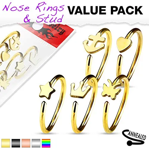 WILDKLASS 5 Pcs Value Pack IP Plated Assorted Shaped 316L Surgical Steel Hoop Ring for Nose & Ear Cartilage