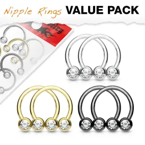 WILDKLASS 6 Pcs Value Pack Front Facing Gem Set Balls IP Over 316L Surgical Steel Circular/Horseshoes for Nipple, Septum and Ear Cartilage Piercings