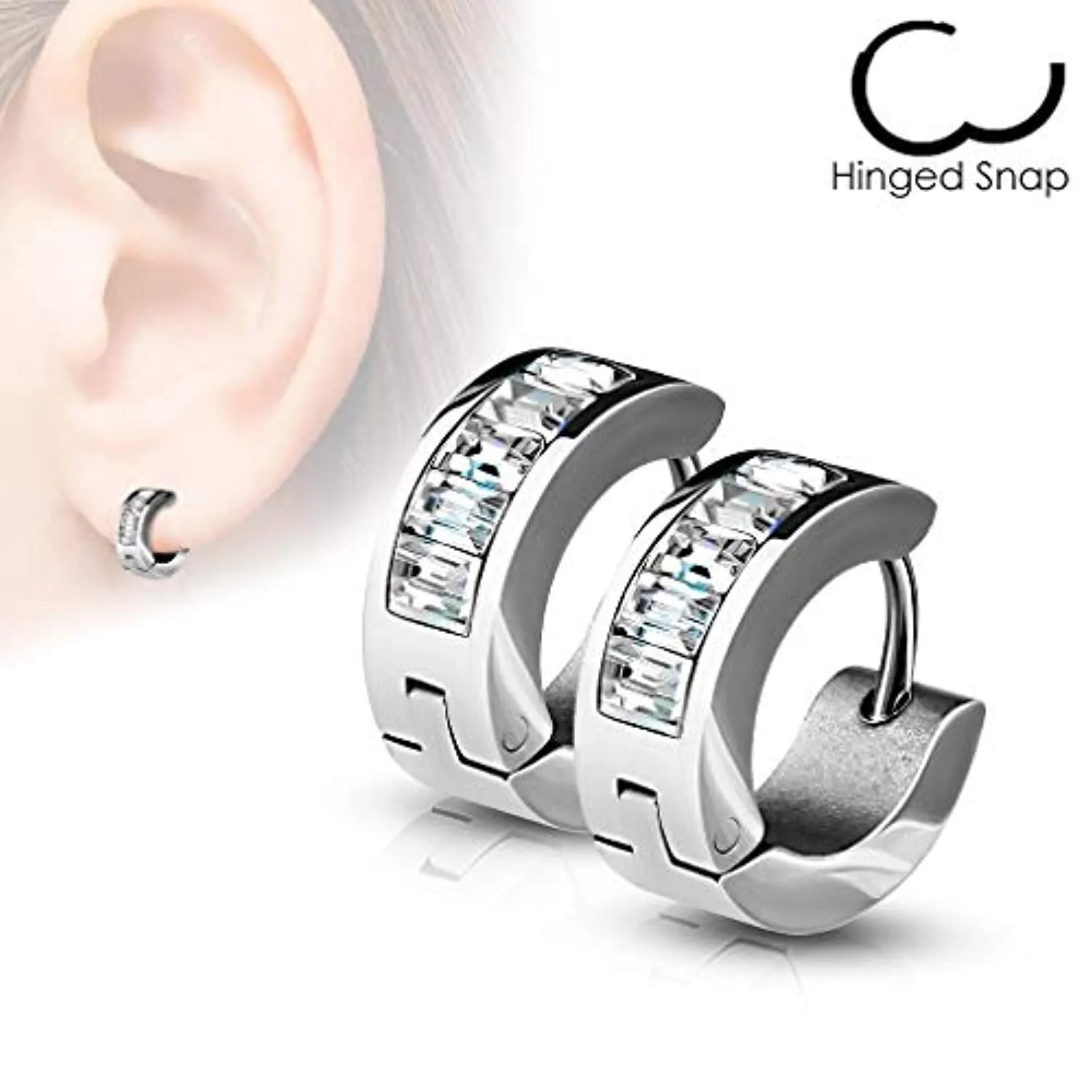 WildKlass Pair of Lined Square Gems Set Front Stainless Steel Hoop/Huggie Earrings