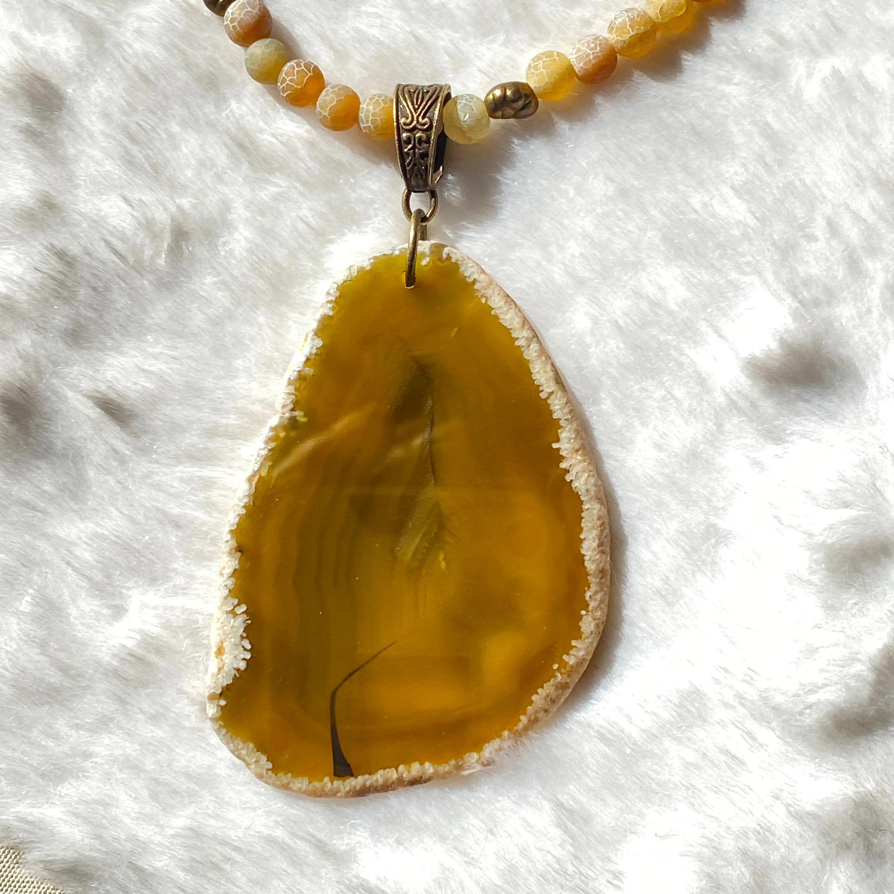 Yellow Agate Slice Beaded Necklace